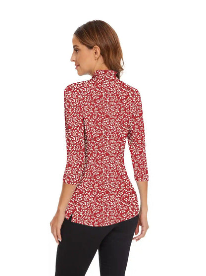 Red Leaves Ruffled-collar 3/4 Sleeve Polo Shirt for Women