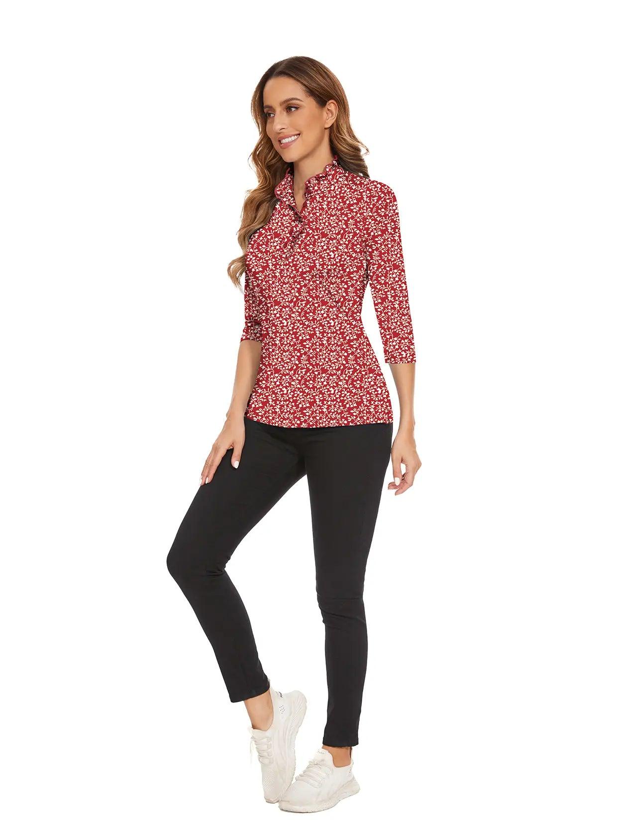 Red Leaves Ruffled-collar 3/4 Sleeve Polo Shirt for Women