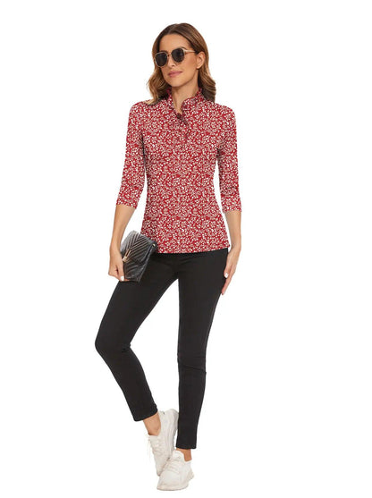 Red Leaves Ruffled-collar 3/4 Sleeve Polo Shirt for Women