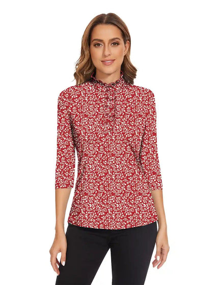 Red Leaves Ruffled-collar 3/4 Sleeve Polo Shirt for Women