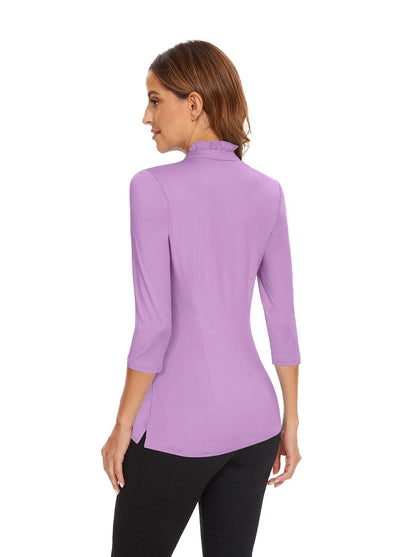 Solid Purple Ruffled-collar 3/4 Sleeve Polo Shirt for Women