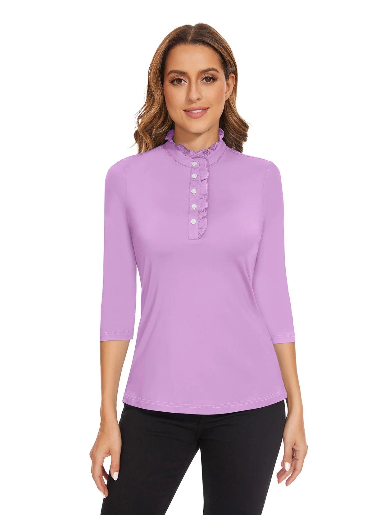 Solid Purple Ruffled-collar 3/4 Sleeve Polo Shirt for Women