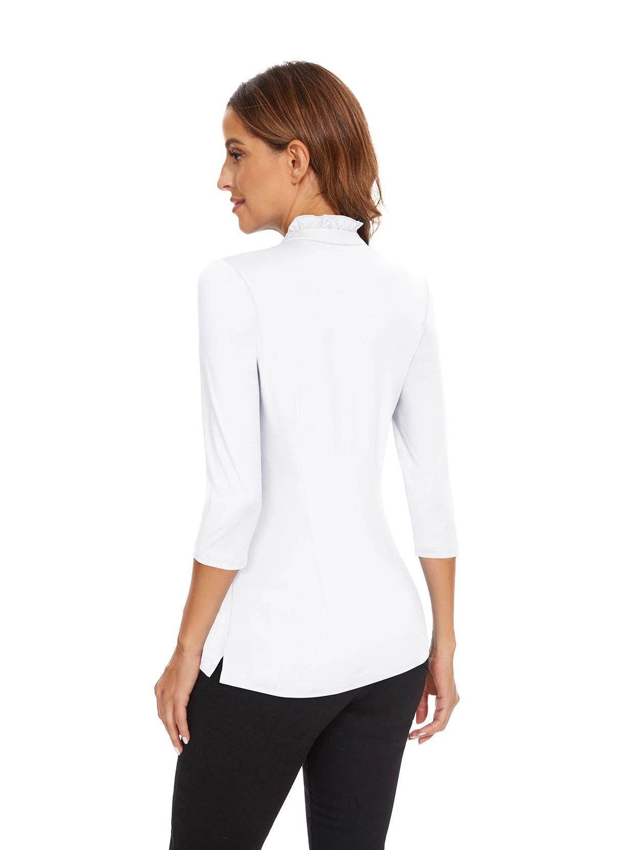 Solid White Ruffled-collar 3/4 Sleeve Polo Shirt for Women