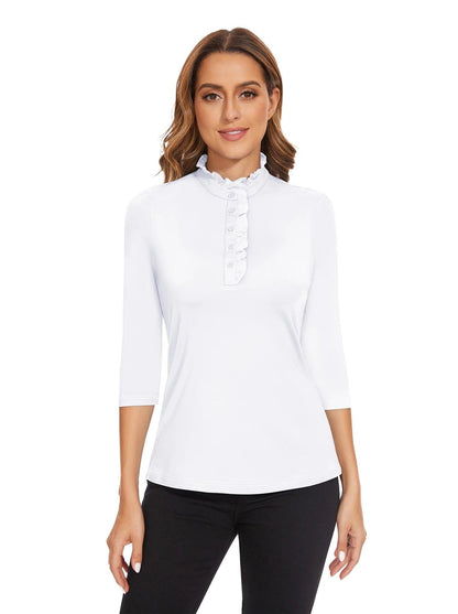 Solid White Ruffled-collar 3/4 Sleeve Polo Shirt for Women