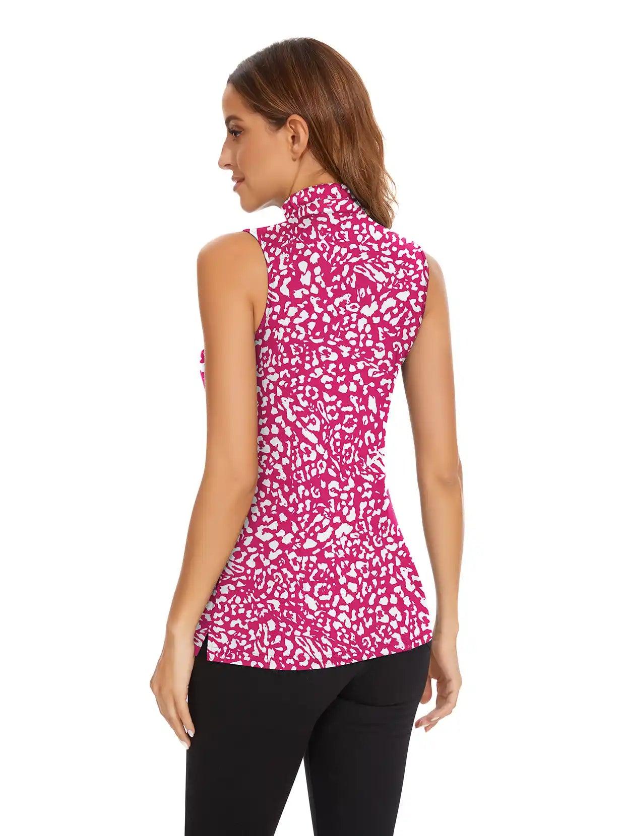 Rose Red Leopard Ruffle Collar Sleeveless Polo Shirt for Women