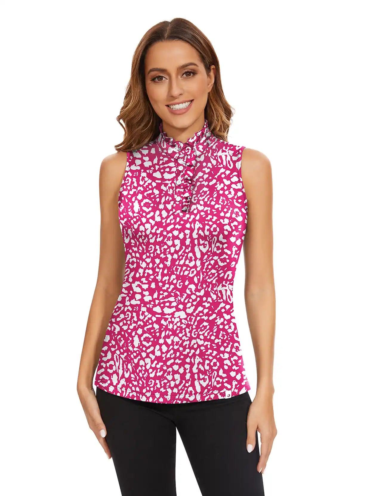 Rose Red Leopard Ruffle Collar Sleeveless Polo Shirt for Women 