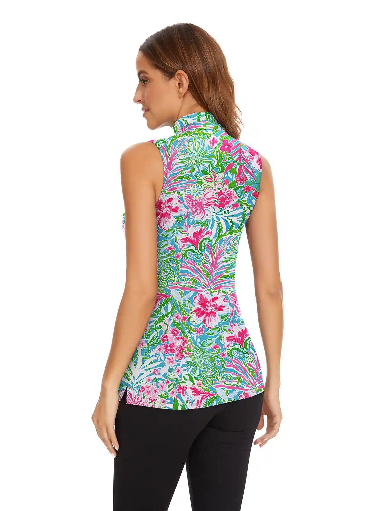 Tropical Floral Ruffle Collar Sleeveless Polo Shirt for Women