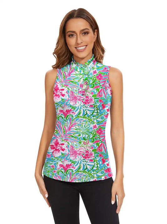 Tropical Floral Ruffle Collar Sleeveless Polo Shirt for Women