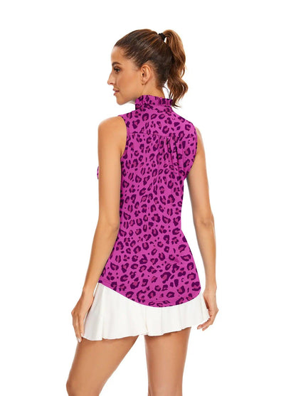 Purple Leopard Stand Collar V-neck Sleeveless Polo Shirt for Women