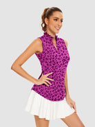 Purple Leopard Stand Collar V-neck Sleeveless Polo Shirt for Women