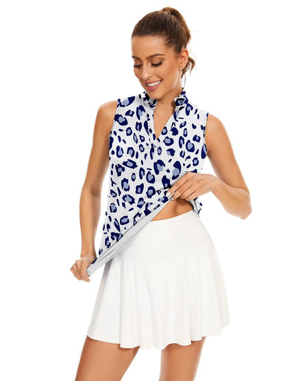 Blue Leopard Stand Collar V-neck Sleeveless Polo Shirt for Women