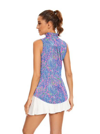 Purple and Blue Floral Stand Collar V-neck Sleeveless Polo Shirt for Women