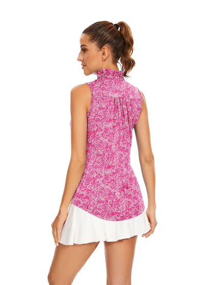 Pink Floral Stand Collar V-neck Sleeveless Polo Shirt for Women