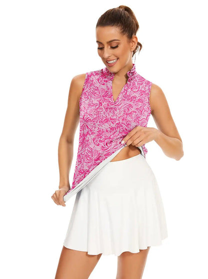 Pink Floral Stand Collar V-neck Sleeveless Polo Shirt for Women