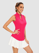 Solid Pink Stand Collar V-neck Sleeveless Polo Shirt for Women