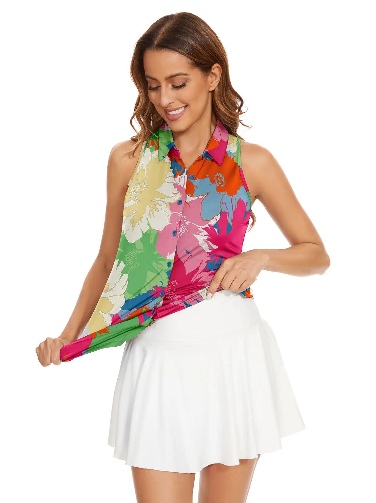 Colorful Floral Racerback Sleeveless Button-down Shirt for Women