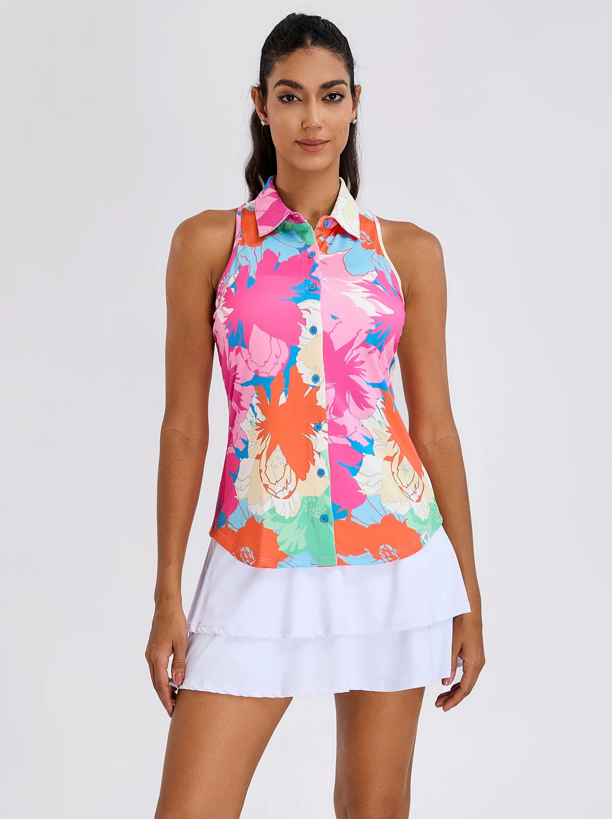 Colorful Floral Racerback Sleeveless Button-down Shirt for Women