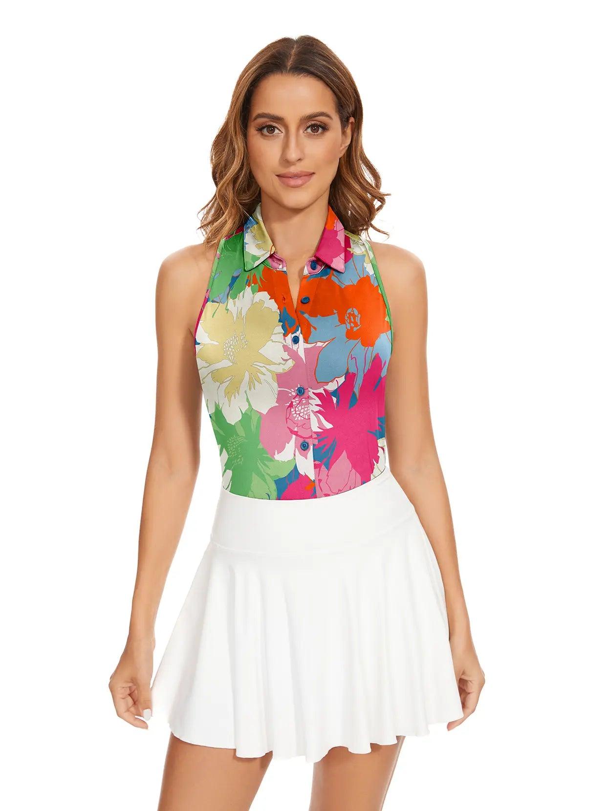 Colorful Floral Racerback Sleeveless Button-down Shirt for Women