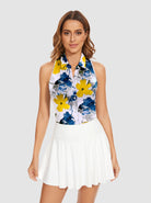 Blue and Yellow Floral Racerback Sleeveless Button-down Shirt for Women 
