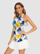 Blue and Yellow Floral Racerback Sleeveless Button-down Shirt for Women 