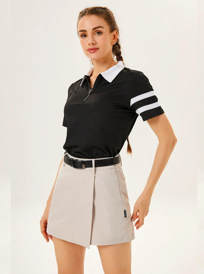 Khaki Side-Zipper Golf Skort With Built-in Shorts