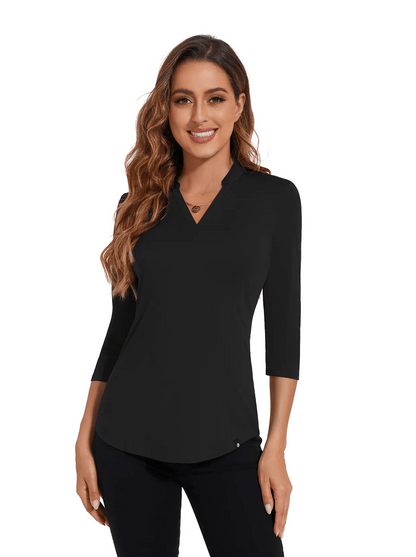 Solid Black Collarless V-neck 3/4 Sleeve Golf Shirt For Women