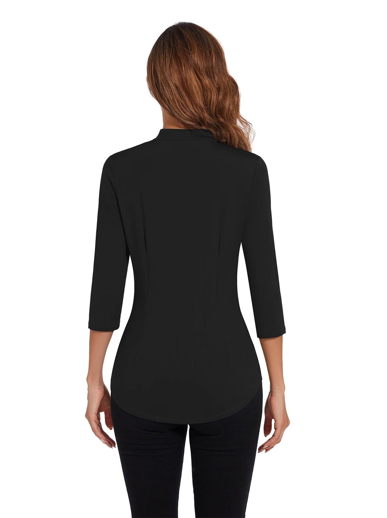 Solid Black Collarless V-neck 3/4 Sleeve Golf Shirt For Women