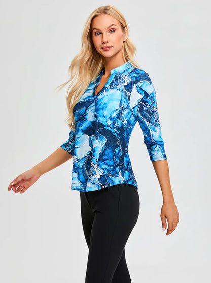 Marble Pattern Stand Collar V-neck 3/4 Sleeve Shirt for Women