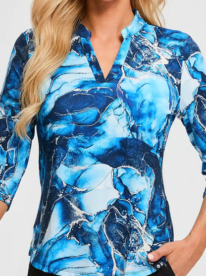 Marble Pattern Stand Collar V-neck 3/4 Sleeve Shirt for Women