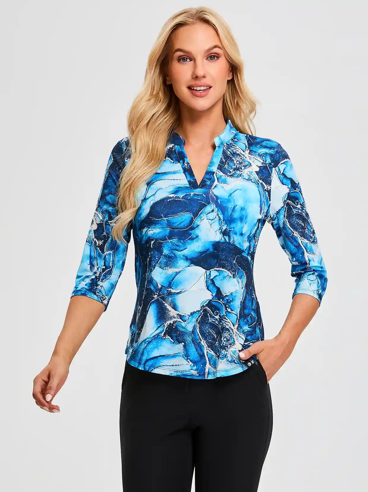 Marble Pattern Stand Collar V-neck 3/4 Sleeve Shirt for Women