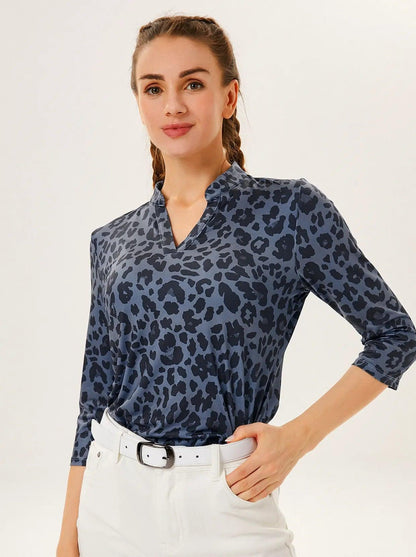 Black and Grey Leopard Collarless V-neck 3/4 Sleeve Shirt -Suitable for Outings