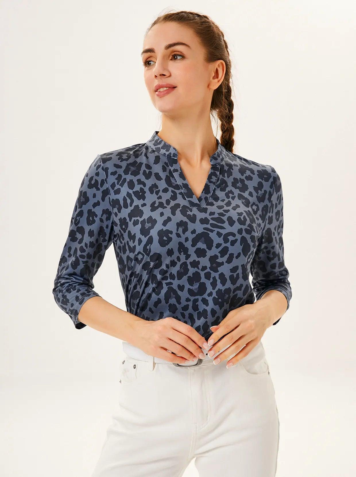 Black and Grey Leopard Collarless V-neck 3/4 Sleeve Shirt -Suitable for Outings