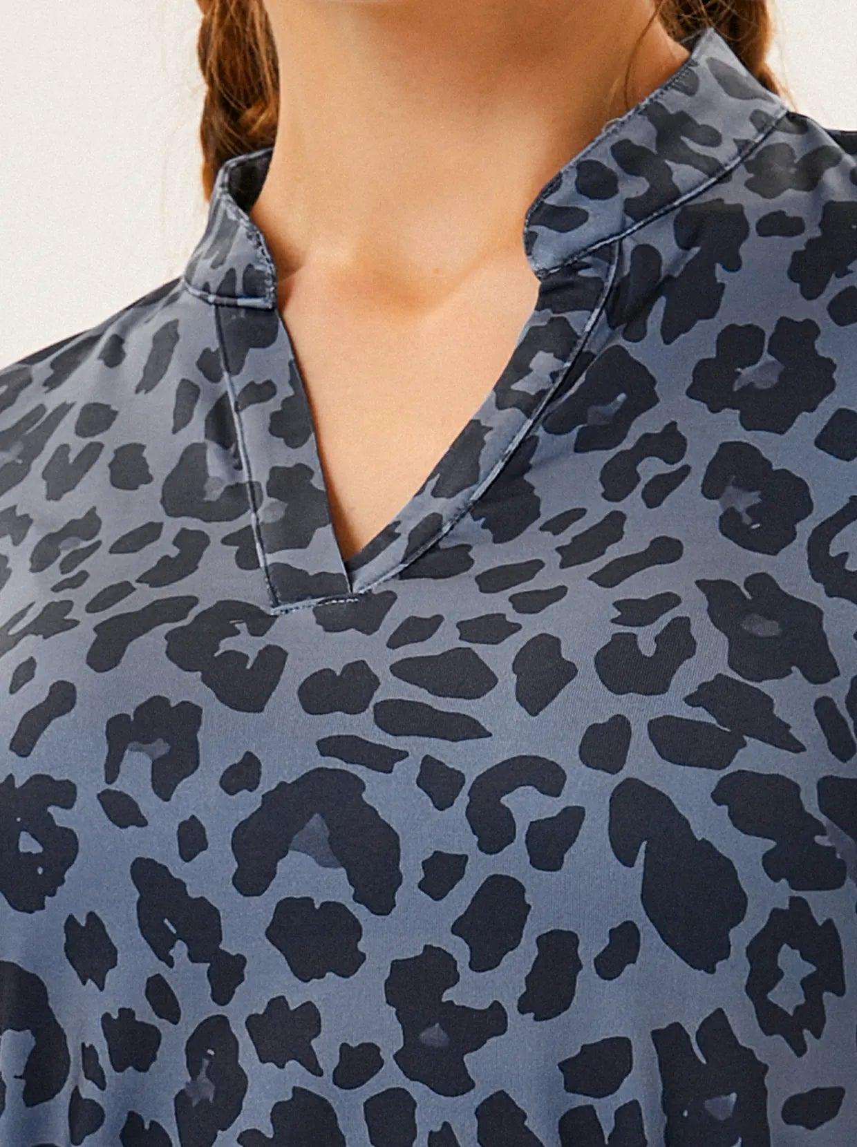 Black and Grey Leopard Collarless V-neck 3/4 Sleeve Shirt -Suitable for Outings