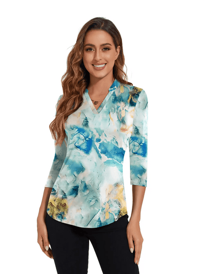 Abstract Blue Print Stand Collar V-neck 3/4 Sleeve Shirt - Suitable for Travel