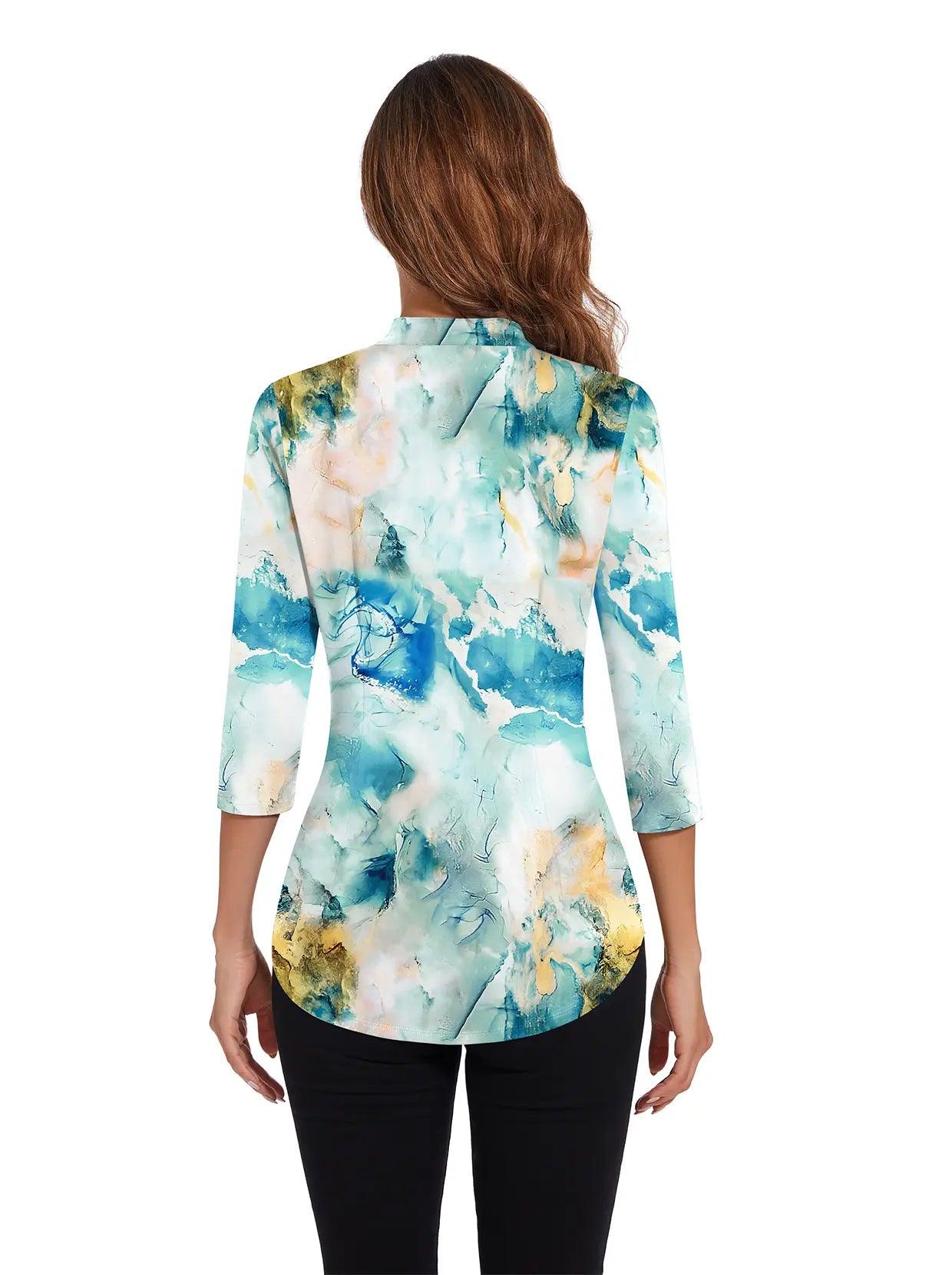 Abstract Blue Print Stand Collar V-neck 3/4 Sleeve Shirt - Suitable for Travel