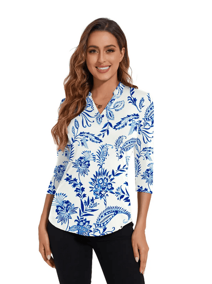 Blue Retro Print Stand Collar V-neck 3/4 Sleeve Shirt - Suitable for Golf