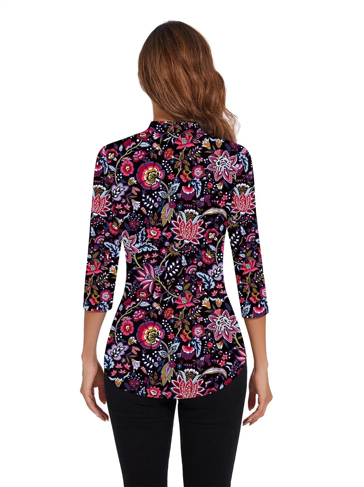 Multicolor Flower Stand Collar V-neck 3/4 Sleeve Shirt - Suitable for Everyday Wear