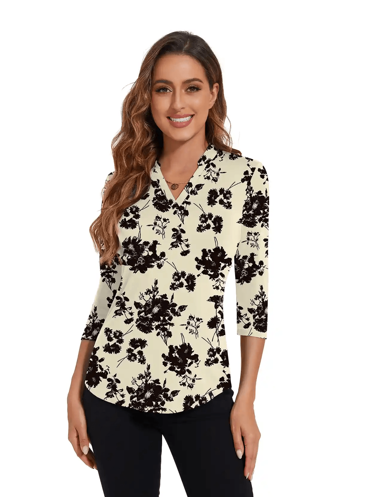 Black Flower Stand Collar V-neck 3/4 Sleeve Shirt - Suitable for Casual Outings