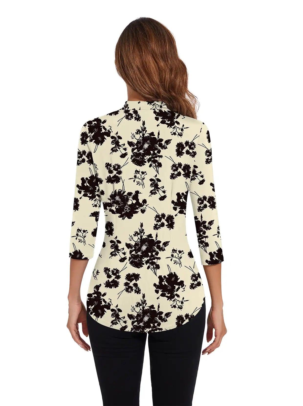 Black Flower Stand Collar V-neck 3/4 Sleeve Shirt - Suitable for Casual Outings