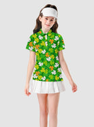 Green Shamrock Button-Placket Short-sleeve Polo Shirt for Girls