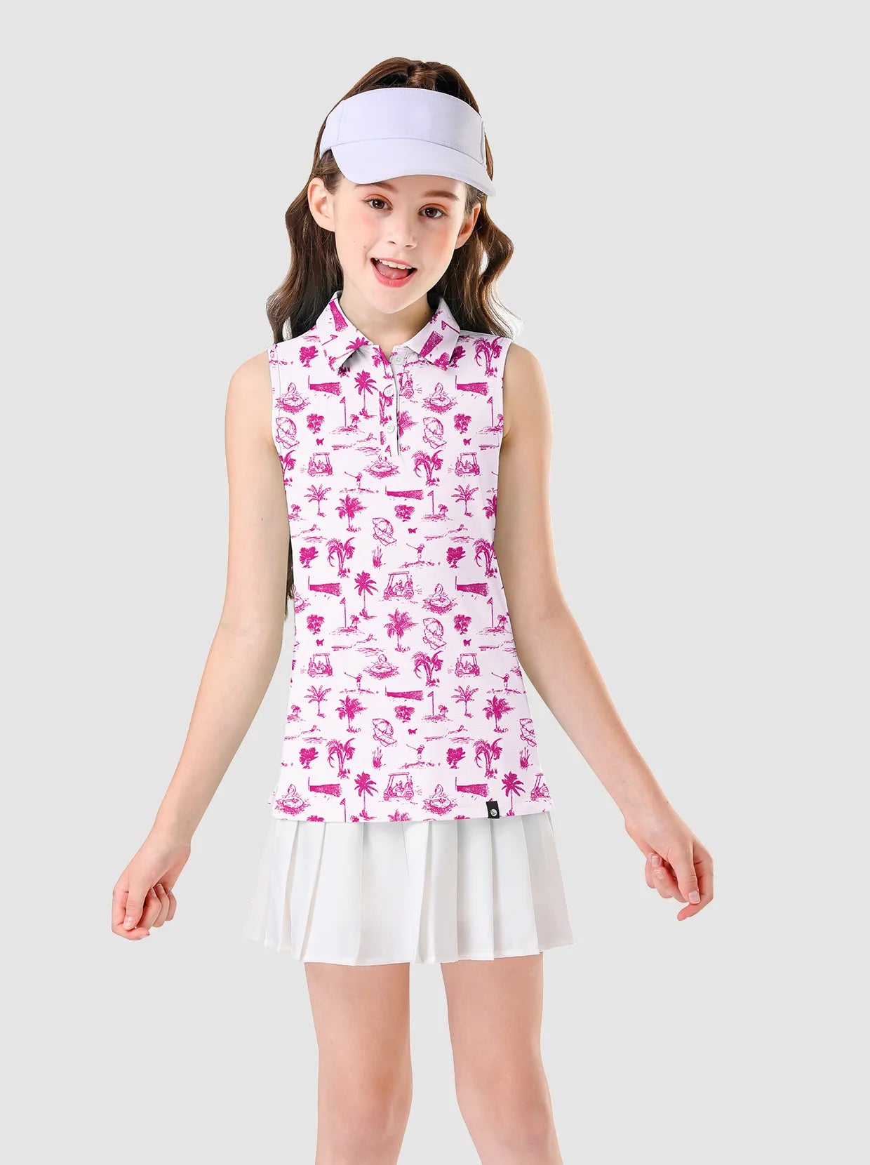 Pink Coconut Tree Button-placket Sleevless Polo Shirt For Girls