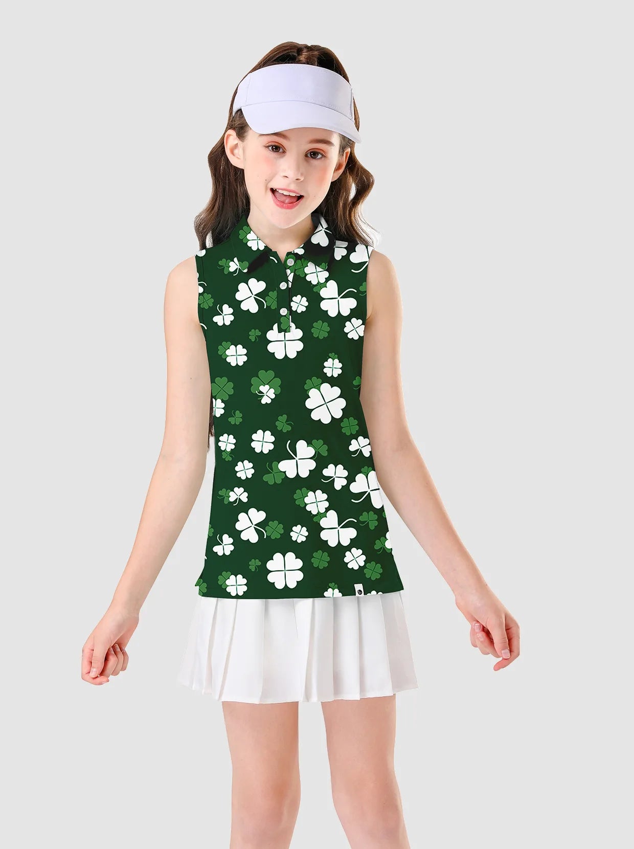 Green Shamrock Button-placket Sleeveless Polo Shirt For Girls