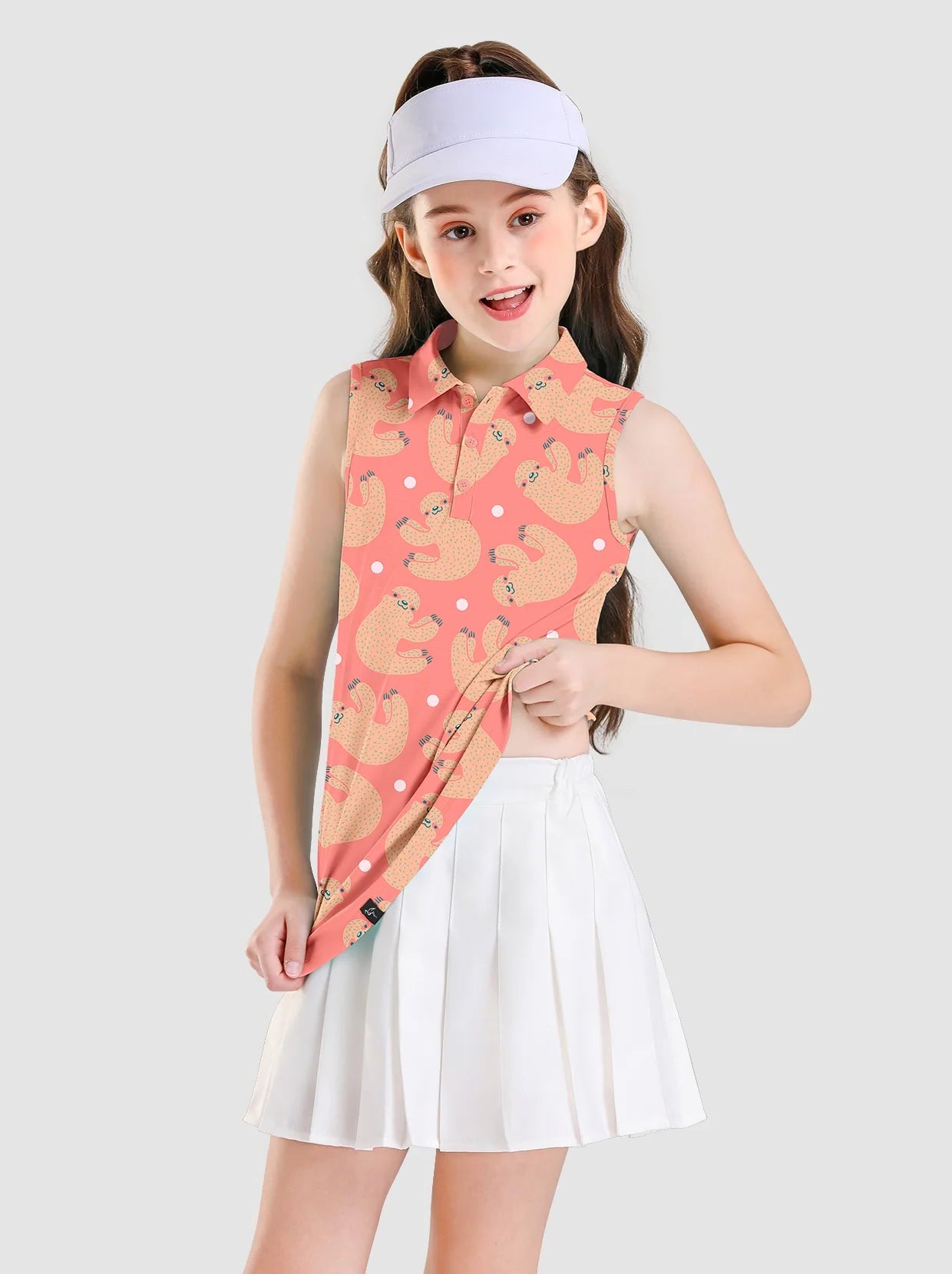 Pink Sloth Button-placket Sleeveless Polo Shirt for Girls