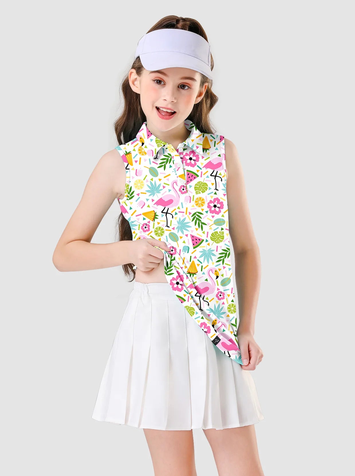 Girls Flamingo Pattern Button-placket Sleevless Polo Shirt 