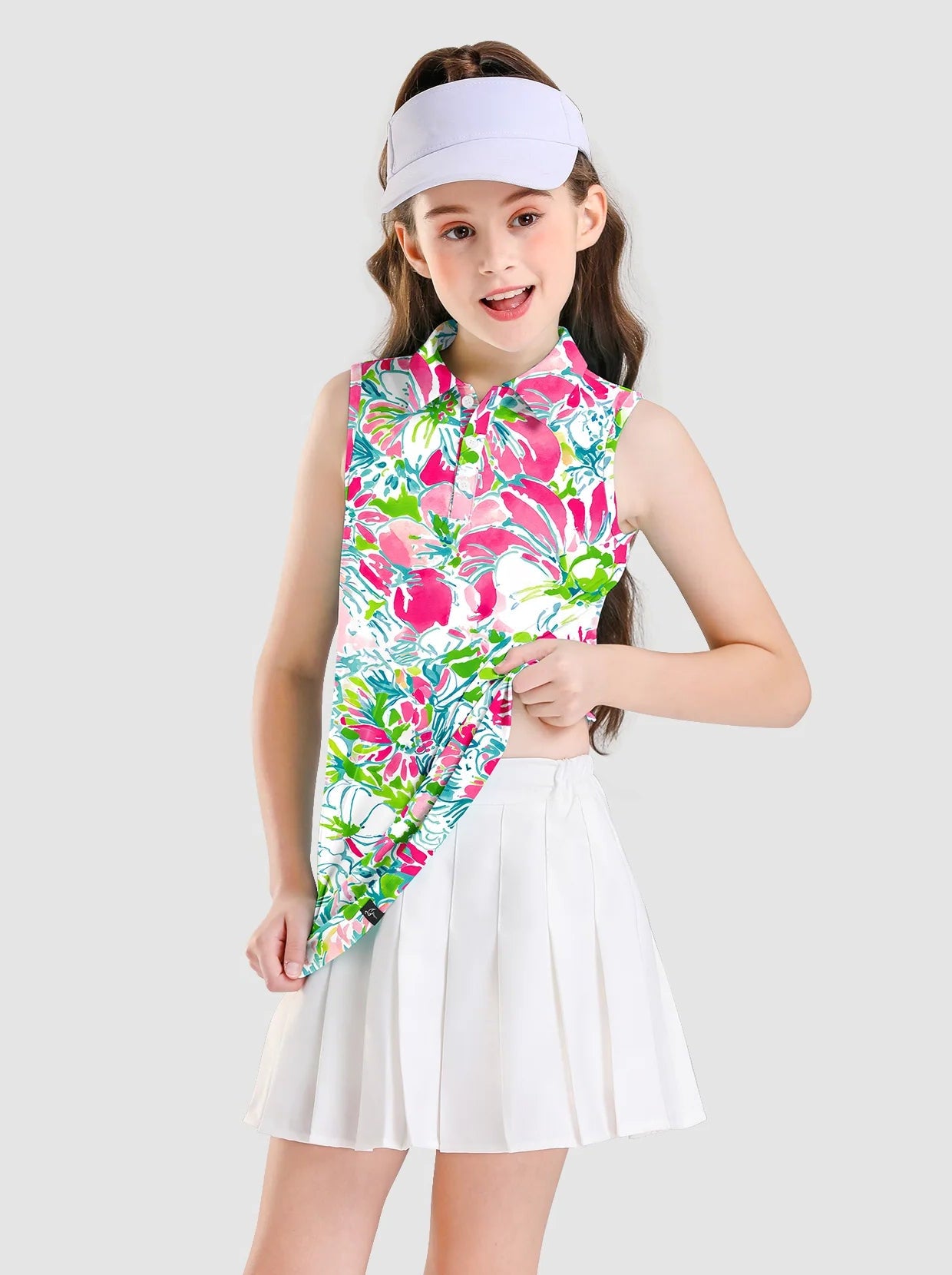 Girls Floral Pattern Button-placket Sleevless Polo Shirt 