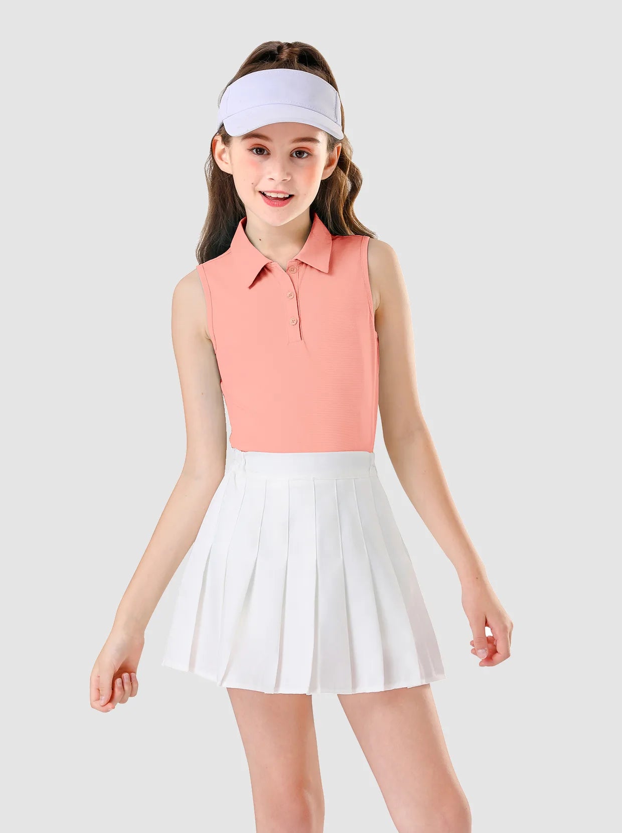 Girls Solid Color Button-placket Sleevless Polo Shirt