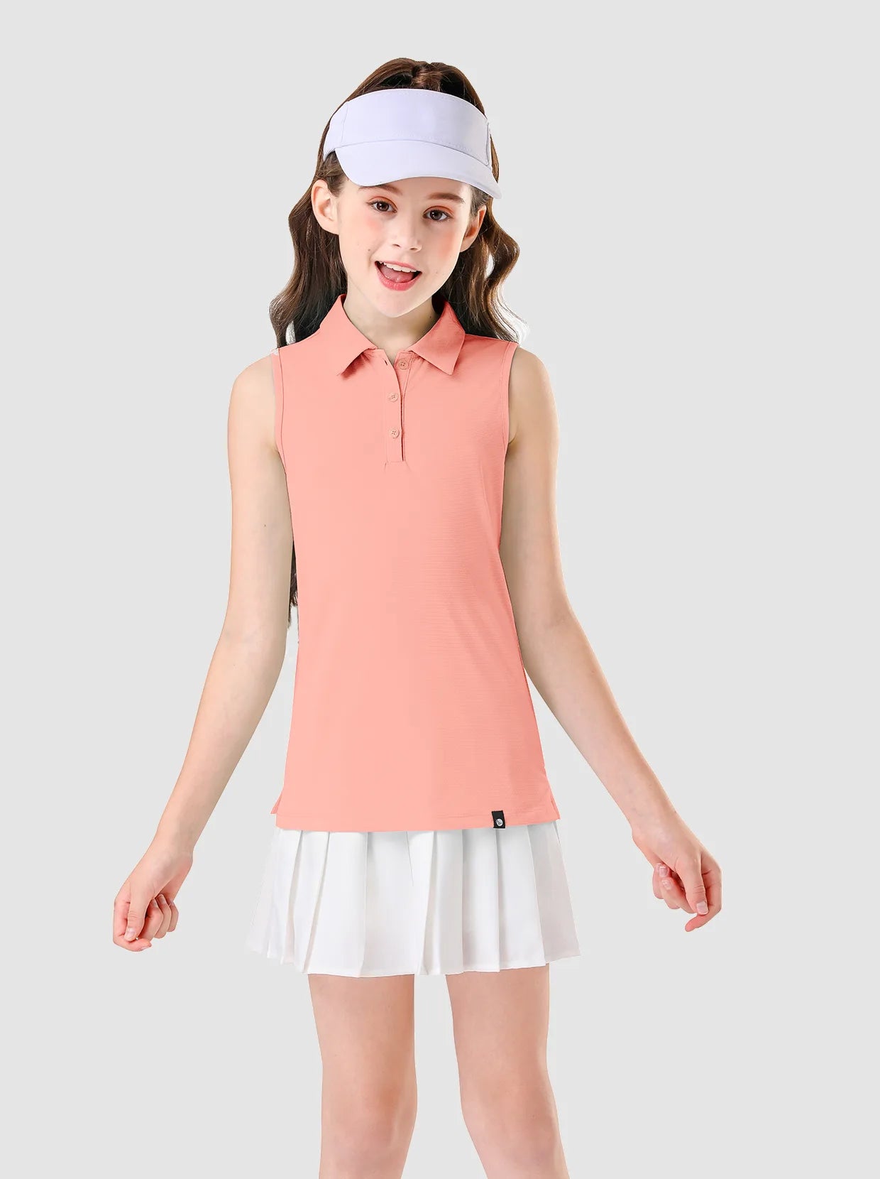 Girls Solid Color Button-placket Sleevless Polo Shirt