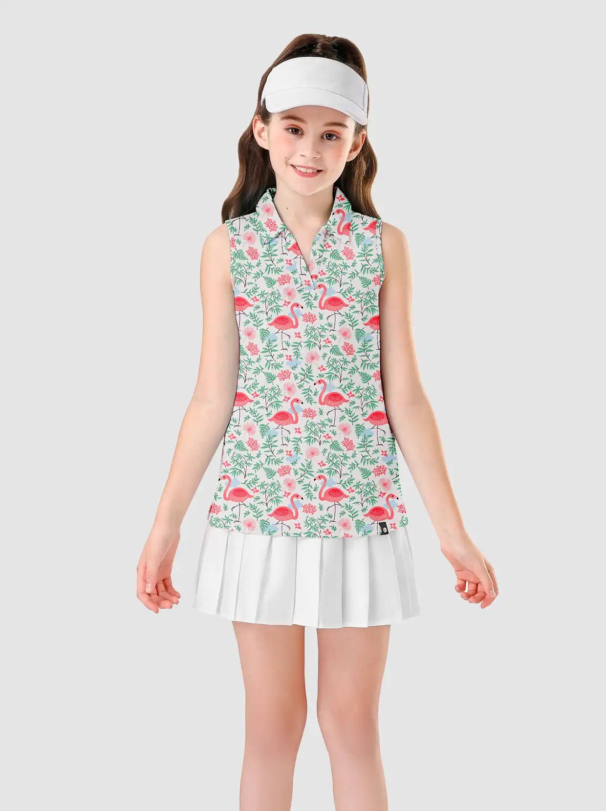 Flamingo Pattern V-neck Sleeveless Polo Top for Girls