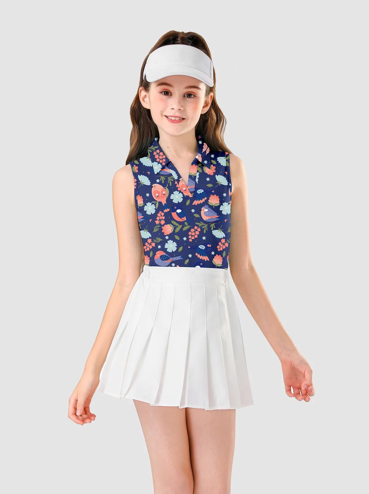 Floral ans Birds Pattern V-neck Sleeveless Polo Shirt for Girls