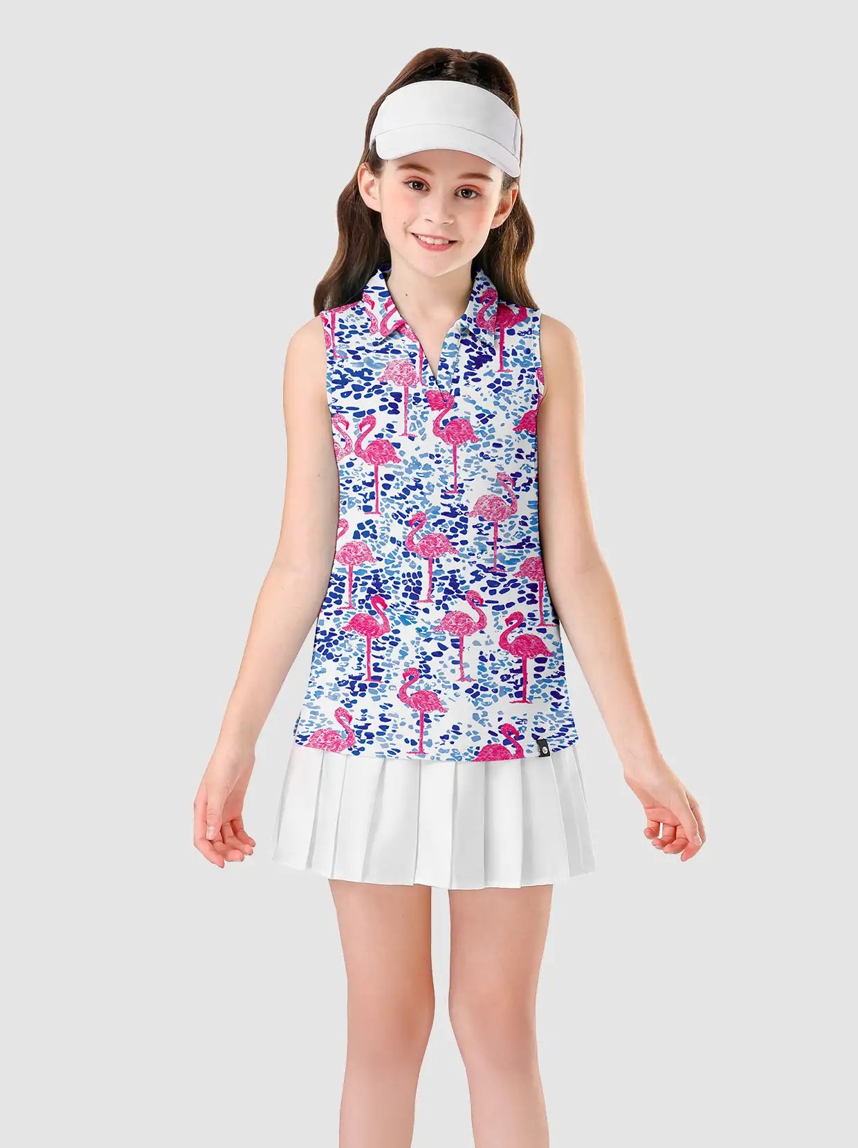 Girls Pink Flamingo on Blue Background V-neck Sleeveless Polo Shirt 